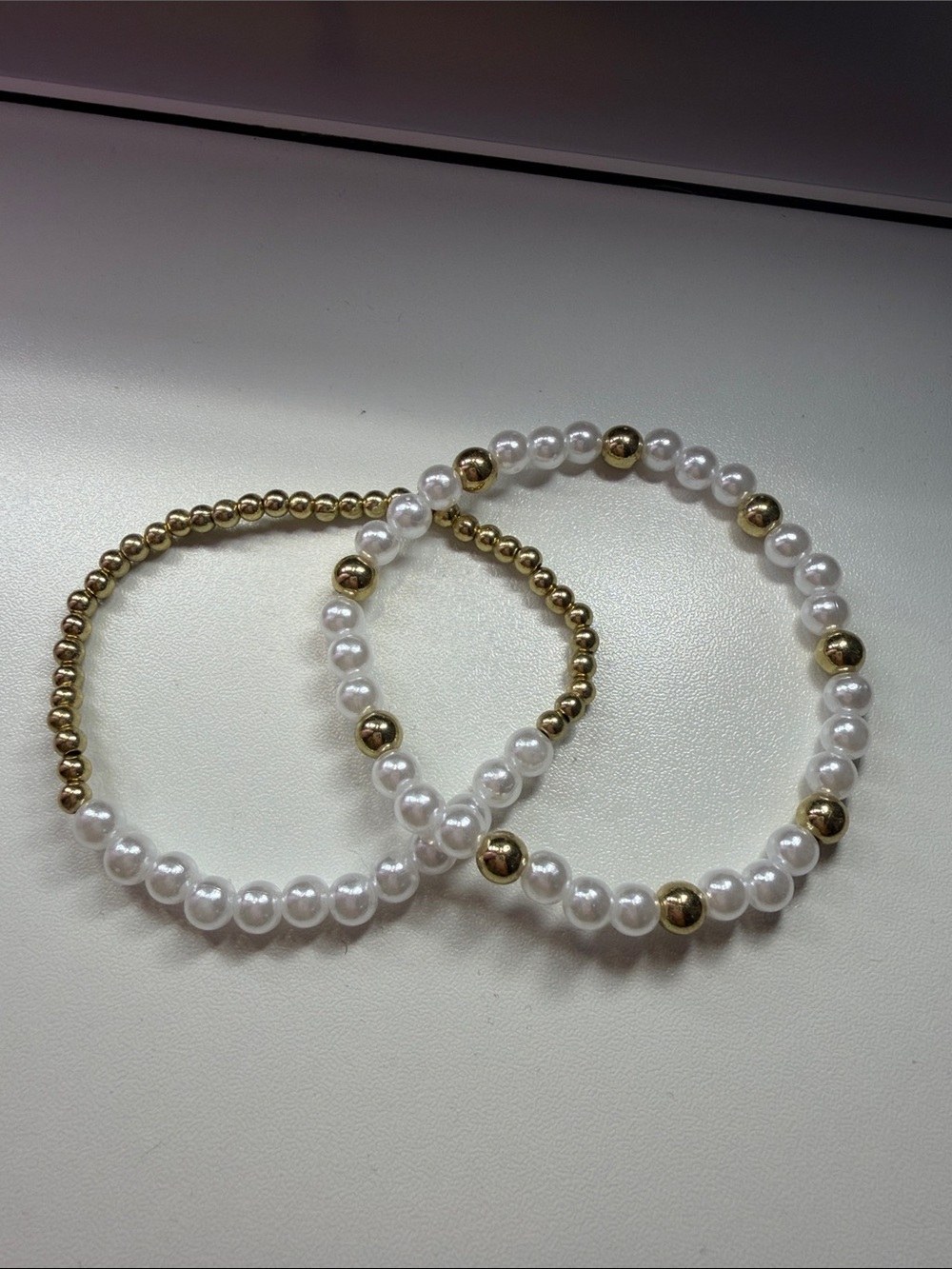 Elegant White Pearl and Gold Bead Stretch Bracelet Set